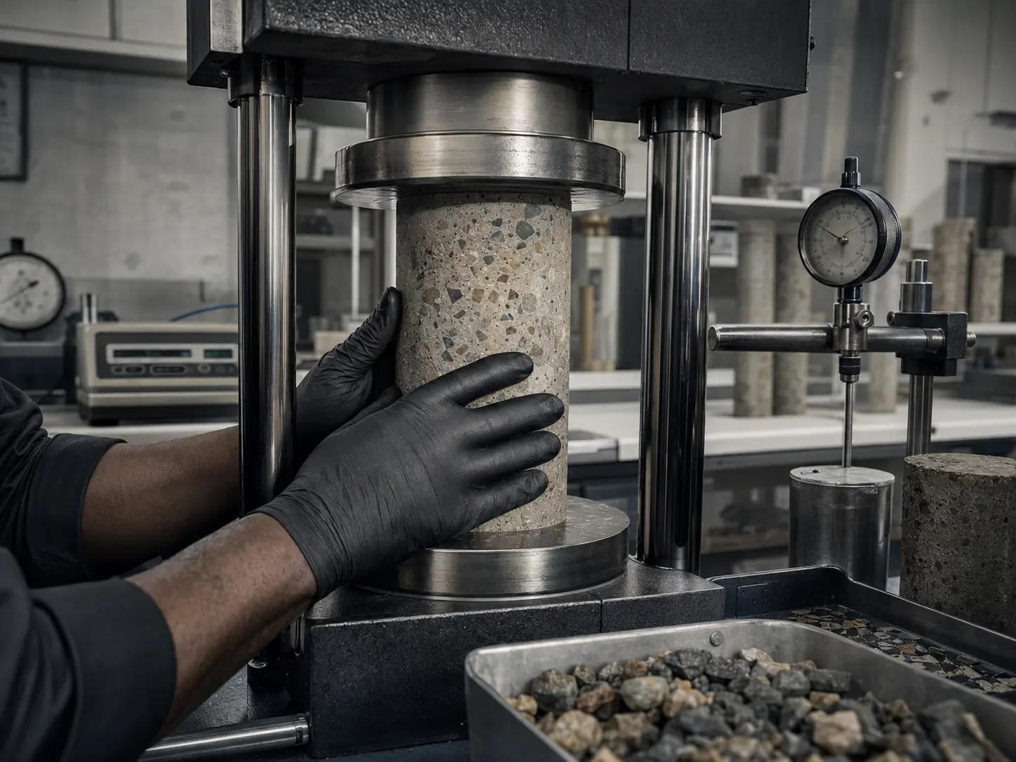 Concrete specimen being positioned in a compression testing machine