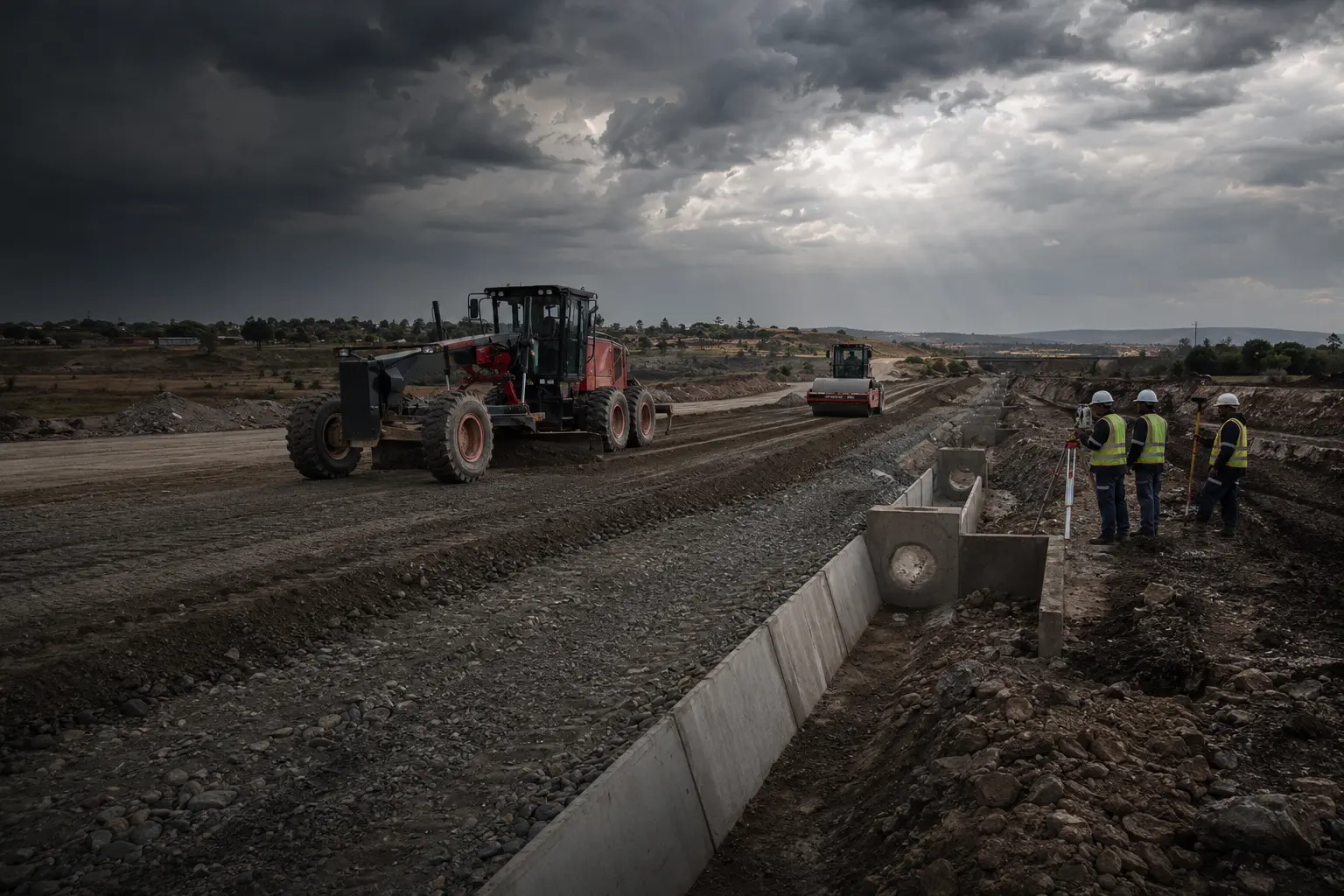 Road construction, drainage and surveying works in progress