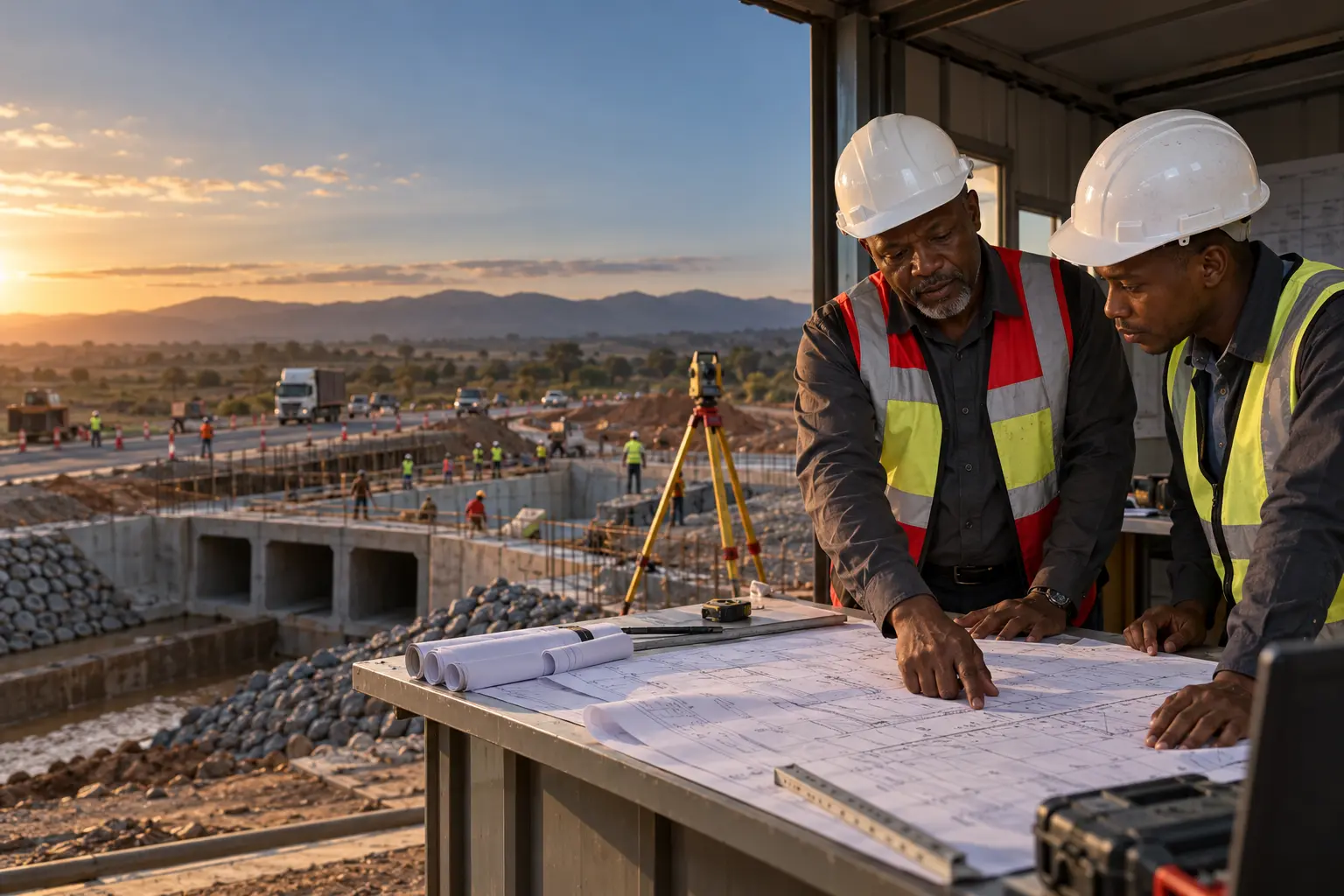 Civil engineers reviewing infrastructure drawings beside an active project