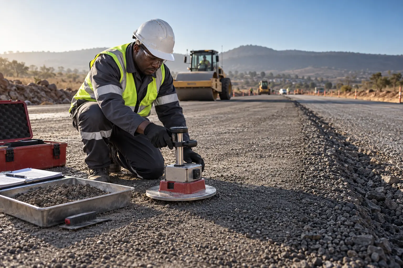 Materials technician completing field compaction quality-control testing